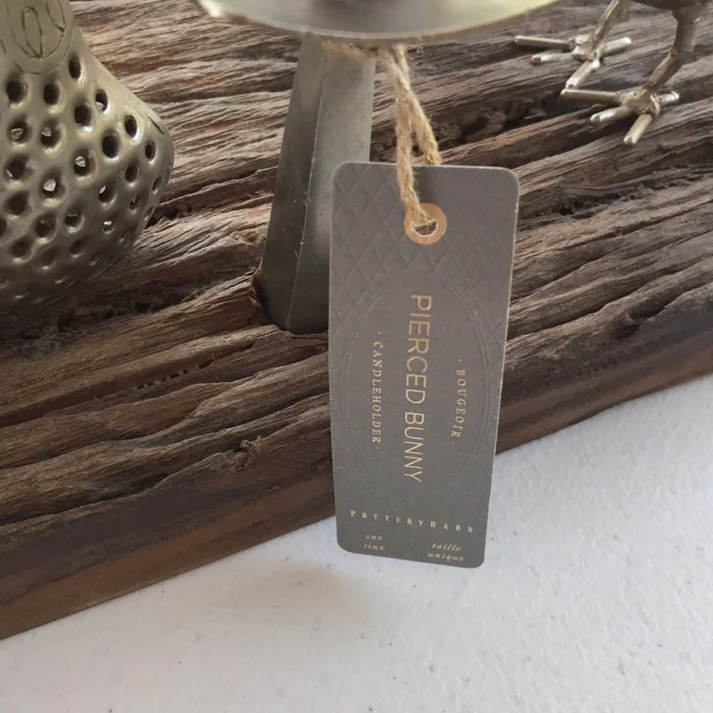 Pottery Barn Rustic Wood with Pierced Metal Bunny and Birds Taper Candle Holder - Picture 9 of 11